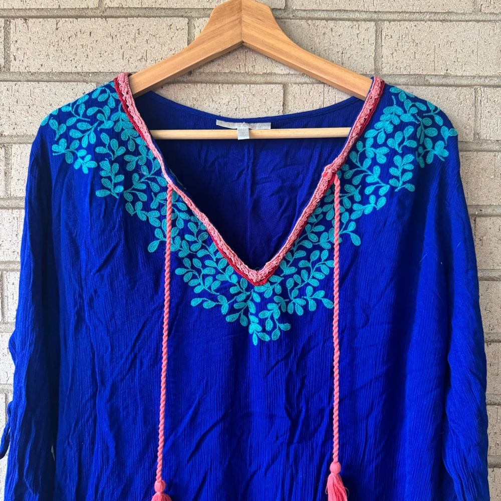 La Blanca Blue Coverup Tunic with Pink Teal Embroidery Size Small - Picture 2 of 6